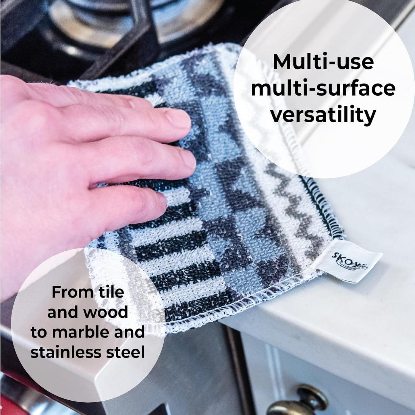 Skoy Scrub, 4-Pack Reusable, Non-Scratching Dish Scrubber for Kitchen and Household Cleaning, Planet-Friendly, Dishwasher Safe Soft Scrub, Assorted Colors and Designs