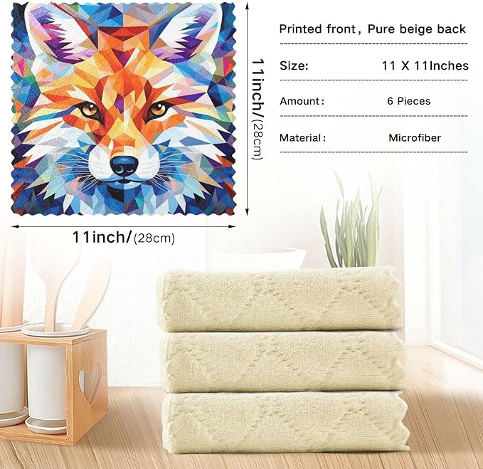 Fox Geometric Kitchen Towels Dish Cloths Set of 6 Microfiber Cleaning Cloths for Cars Super Absorbent Machine