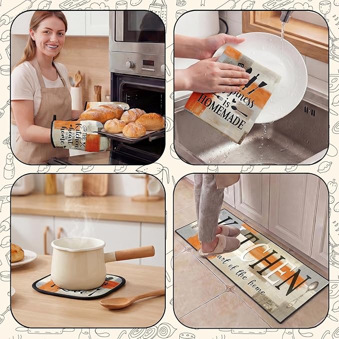 10 Pcs Orange Beige Kitchen Decor and Accessories Set, 4 Dish Towels Kitchen Rugs 2 Oven Mitts 2 Pot Holders, Home Decor for Cooking Baking BBQ Gifts Women Mom Housewarming