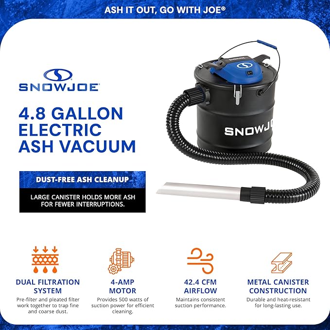 Snow Joe Bagless Canister Vacuum Cleaner, Metal Canister w/ Hose & Filter, 4.8 Gallon, 4-Amp Motor - Ash Vacuum Cleaner for Home, Garage, and Outdoor Spaces, ASHJ201