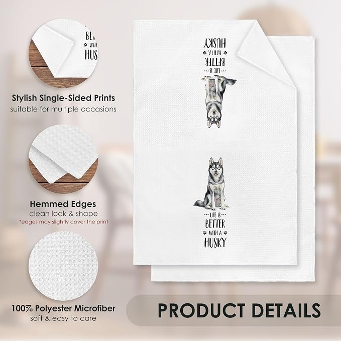 Husky Kitchen Towel Gifts for Dog Lovers Decorative Set of 2, Siberian Husky Dish Towels Dishcloths Tea Towels, Huskie Waffle Weave Microfiber Hand Towel for Kitchen Bathroom Decor 16x24