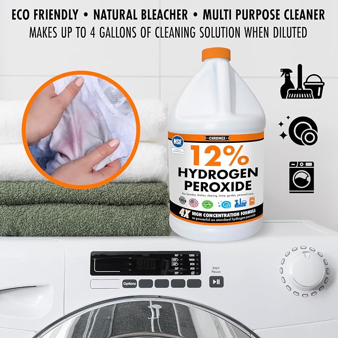 Chromex Hydrogen Peroxide 12 Percent Food Grade, 4x Power Concentrated Solution, 4 Gallons Dilute to 16 Gallons, Versatile Uses include Topical Care, Home, Kitchen, Bath Cleaner, NSF Certified