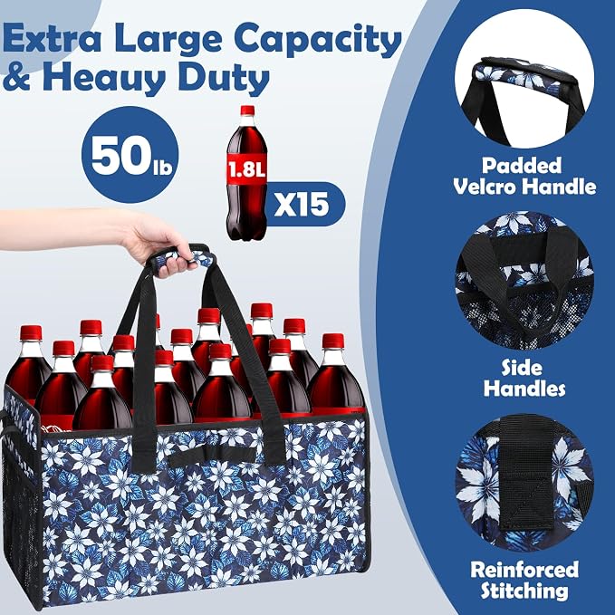 Extra Large Utility Tote Bag with Wire Frame Heavy Duty Grocery Bags Reusable Shopping Bags for Groceries with Handles Foldable XL Beach Bag for Travel Picnics Camping Car Trunk Organization