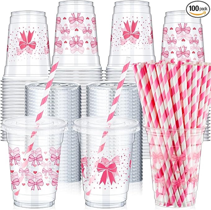 Yaomiao 100 Pcs Pink Bow Plastic Cups 12oz Disposable Clear Pink Plastic Cups with Lids and Straw Cute Bow Cup Bulk Birthday Wedding Party Favors Supplies for Cold Beverage