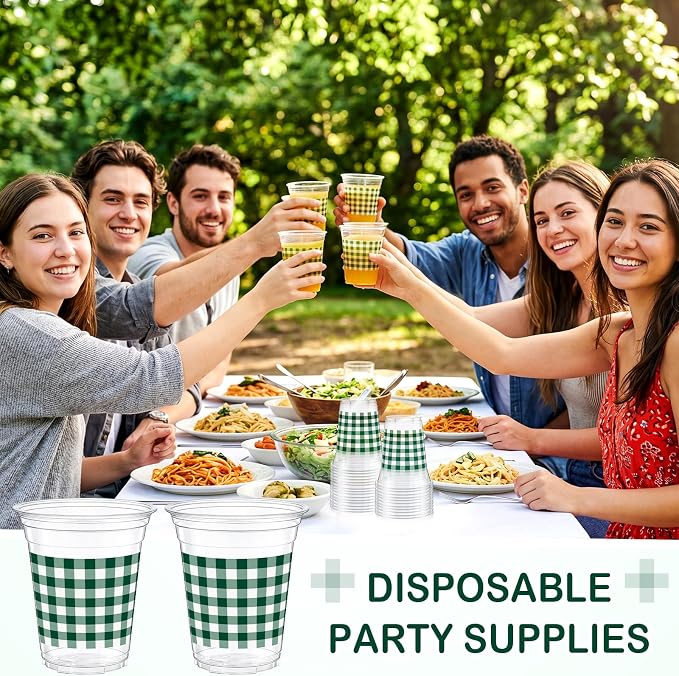 Qinyoung Checkered Plastic Cups 12oz Gingham Party Disposable Cups Bulk Drinking Cup for Cold Drinks Baby Shower Wedding Summer Birthday Party Supplies(Dark Green and White,50 Pcs)