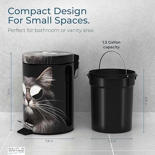 Sanilo Small Bathroom Trash Can with Lid [1.3 Gallon] - Lidded Tiny Trashcan for Garbage - Mini Metal Bin with Soft Closing Mechanism - Bath Room Accessoire Wastebin with Inner Bucket (Cool Cat)