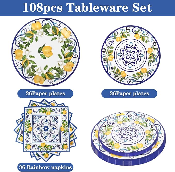 108 Pcs Lemon Party Plates and Napkins Blue Tiles Mediterranean Party Decor Disposable Tableware Sets Baby Shower Birthday Decorations Supplies Favors for 36 Guests