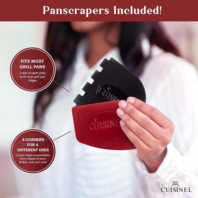 Cuisinel Cast Iron Griddle/Grill + Burger Press + Pan Scrapers - Reversible Pre-Seasoned 16.75" X 9.5"-inch Dual Handle Flat Skillet and Griller Pan + Cleaning Accessories - Indoor/Outdoor Stove Safe