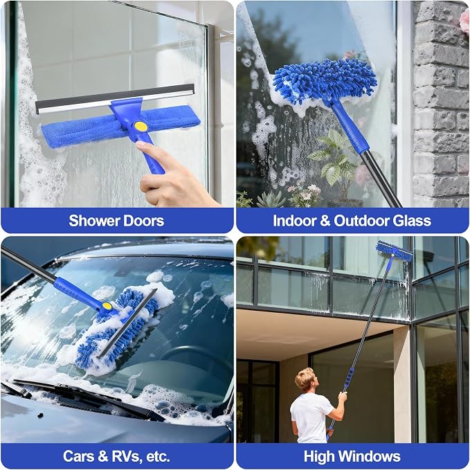 Window Cleaning Kit with Bucket 3 Gallon, 2-in1 Window Squeegee with 79" Long Handle, Professional Window Washing Equipment Cleaner Tool for Home Outdoor Commercial Use