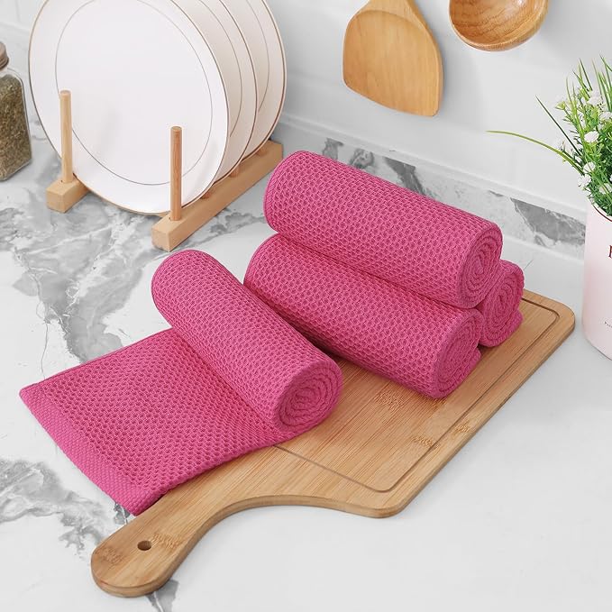 Kitinjoy 100% Cotton Waffle Weave Kitchen Hand Towels (13 X 28 Inches, Hot Pink), 4-Pack Super Soft and Absorbent Dish Towel for Drying Dishes