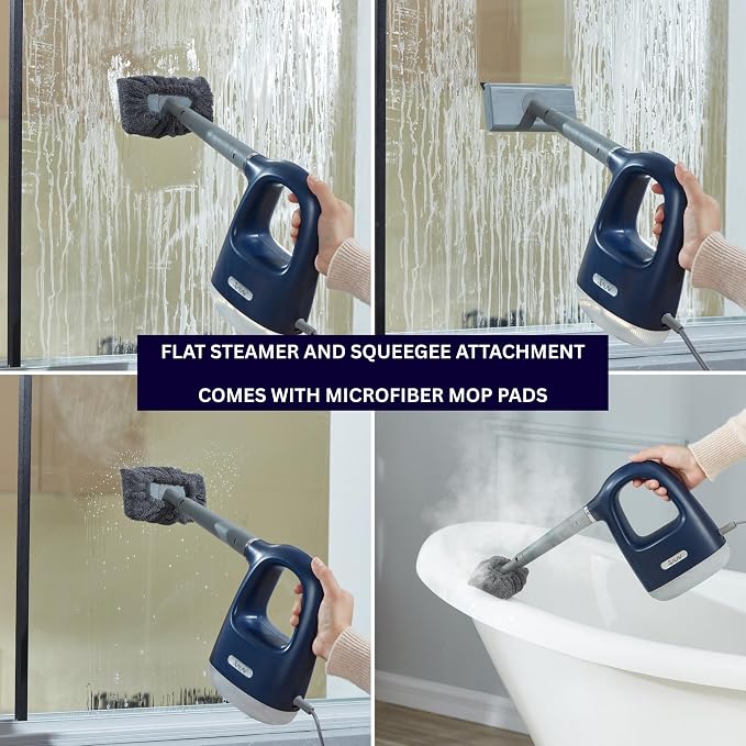 SALAV® CleanSteam Compact Steam Cleaner Pressurized Multi-Surface Handheld Steamer w/11pc Accessories, Safety Lock No-Drip Fast Heat Time Unlimited Use, for Cleaning Windows, Tiles, Grout, Car (Navy)