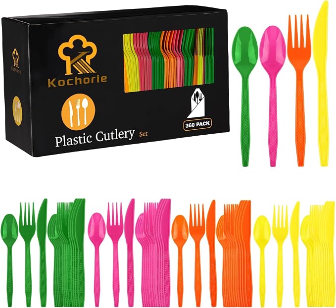 Kochorie 360 Pieces Neon Party Plastic Cutlery Set Disposable Colorful Plastic Utensils Heavy Duty Flatware Set Includes 120 Knives 120 Forks 120 Spoons for Party Birthday Wedding