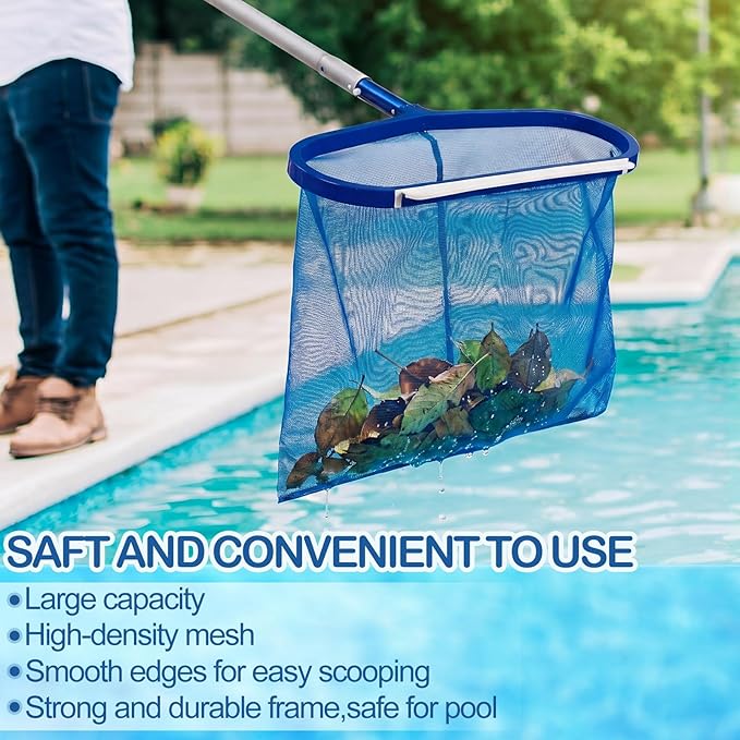 20 Inch Pool Skimmer Net with 15.7 in Aluminum Rod Heavy Duty Fiberglass Swimming Pool Leaf Skimmer Net, Leaf Rake Cleaning Tool Detachable Poles, Easy Scoop Edge, Debris Pickup Removal