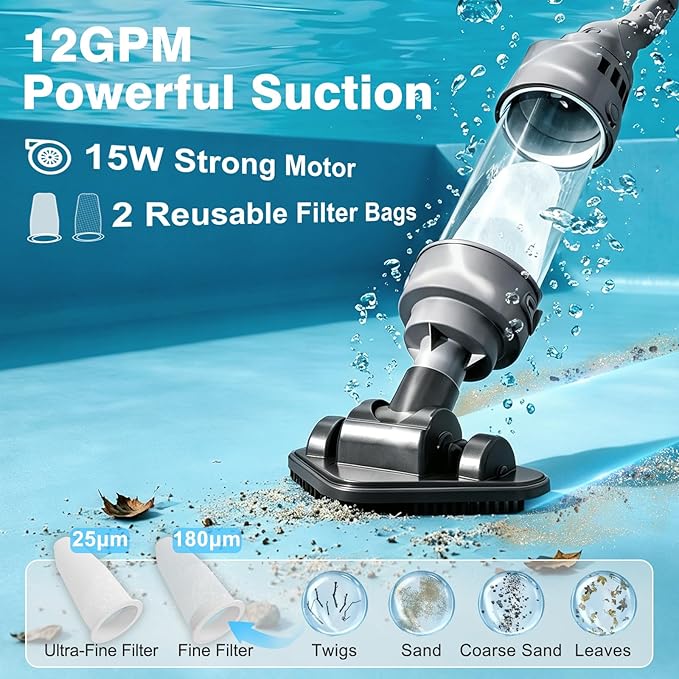 3 in 1 Cordless Spa Hot Tub Vacuum, Handheld Pool Vacuum for Small Above Ground Pool with 2 Brush Heads & 2 Filter Bags, 12 GPM Suction, 66.14" Pole, Rechargeable, 60min, One Click Activation