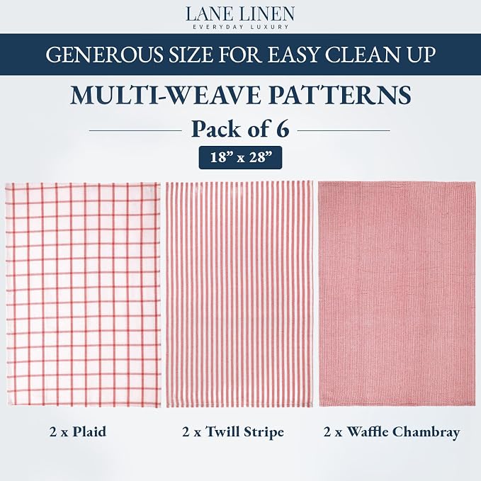 LANE LINEN 100% Cotton Kitchen Towels Set, 6-Pack – Premium, Absorbent, Quick-Drying Dish Towels, Tea Towels, 18" x 28" - Red
