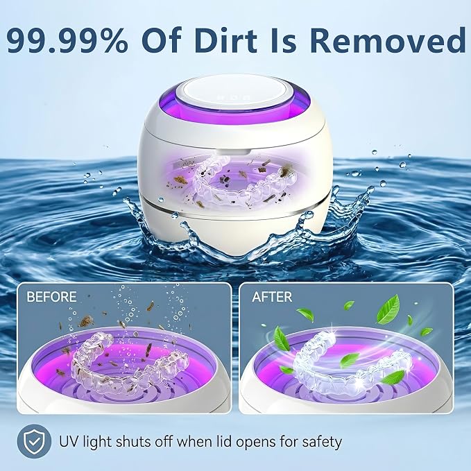 Ultrasonic Retainer Cleaner Machine, White, 42KHZ Dental Cleaning Pod For Denture, Toothbrush Heads,Jewelry, Braces, Digital Timer with 2 Modes, 180ML,304 stainless steel inner liner