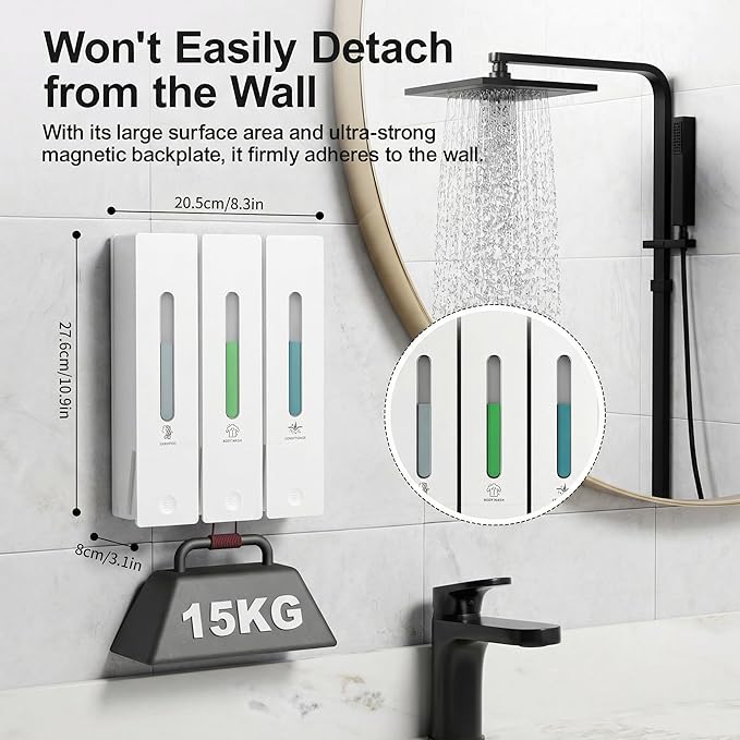 Shampoo and Conditioner Dispenser - Wall-Mounted 3-Chamber Shower Soap Dispenser