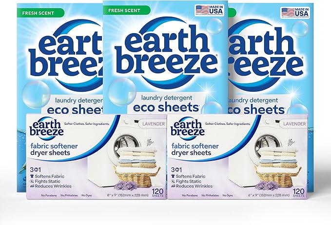 Earth Breeze Fresh Scent Laundry Detergent & Lavender Dryer Sheets Bundle – 3PK Laundry (180 Loads) + 2PK Dryer Sheets (240 Loads) – Made in USA, Hypoallergenic