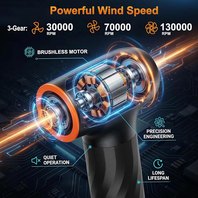 Multifunctional Compressed Air Blower Duster-130000RPM Power Electric Duster, 3-Gear Adjustable Mini Blower with Fast Charging, for Computer, Keyboard, House, Outdoor and Car (Black with Orange)