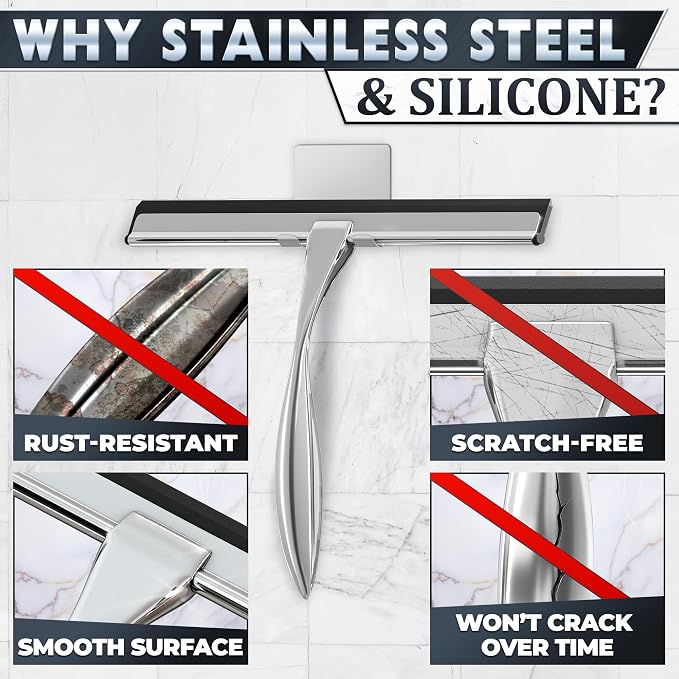 Shower Door Squeegee with Hook - 10" Silicone Blade, Stainless Steel Squeegee for Shower Glass with Adhesive Mount - All-Purpose Bathroom Tile, Mirror, & Window Wiper for Streak-Free Cleaning (Silver)