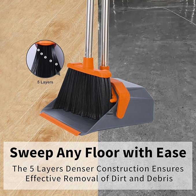 Tiumso Upgrade Broom and Dustpan Set with 51'' Long Handle, Large Upright Brooms and Dust Pans, Heavy Duty Broom, Outdoor Brooms for Patio Kitchen Shop Sidewalk