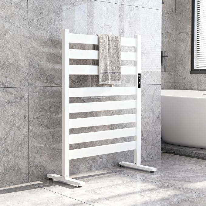 Verida Towel Warmer for Bathroom, Freestanding Heated Towel Rack with Extra-Wide 8-Bar Heating, Built-in Timer & 3-Level Temperature Control, Large White Floor Standing Rack