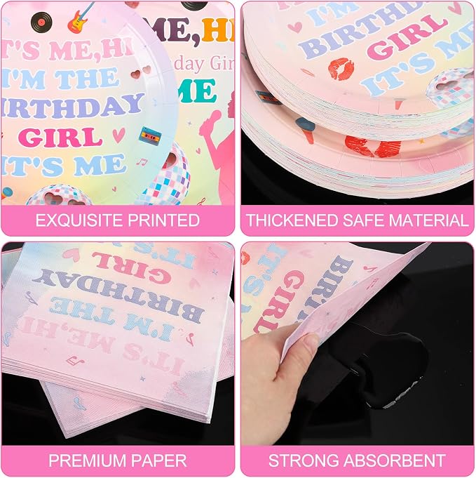 200PCS Its Me Hi Im The Birthday Girl Its Me Party Supplies Serve 50,Birthday Paper Plates,Napkins,And Forks Kit for Music Party Decoration.