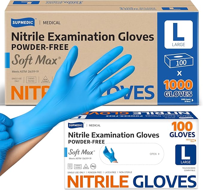 Supmedic Medical Soft Max™ Nitrile Exam Gloves, 1000 Pcs Latex-Free Powder-Free Food Safe Clean Cooking Disposable Glove Blue