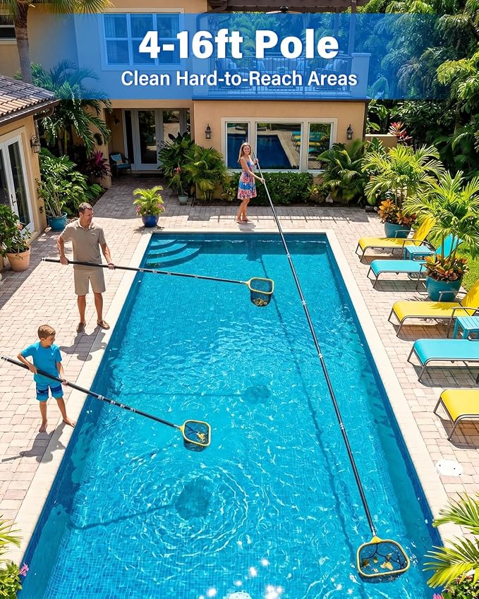 Pool Pole Carbon Fiber 16 FT, Heavy Duty Telescopic Pool Pole, Adjustable Swimming Pool Pole, Lightweight Extendable Pool Cleaning Pole for Skimmer Net, Pool Brush Vacuum, Universal 1-1/4" Accessories