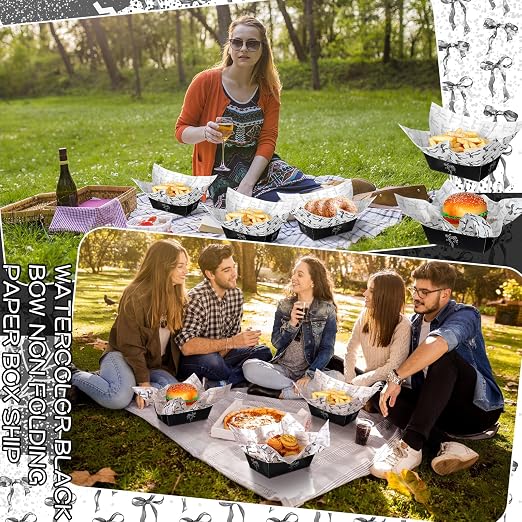 Geosar 100 Pcs Coquette Bow Paper Food Trays Bulk Bow Party Supplies Birthday Decor Disposable Food Boat Trays with Wax Paper Sheet Wrapping for Wedding Bridal Party Supplies(Black)