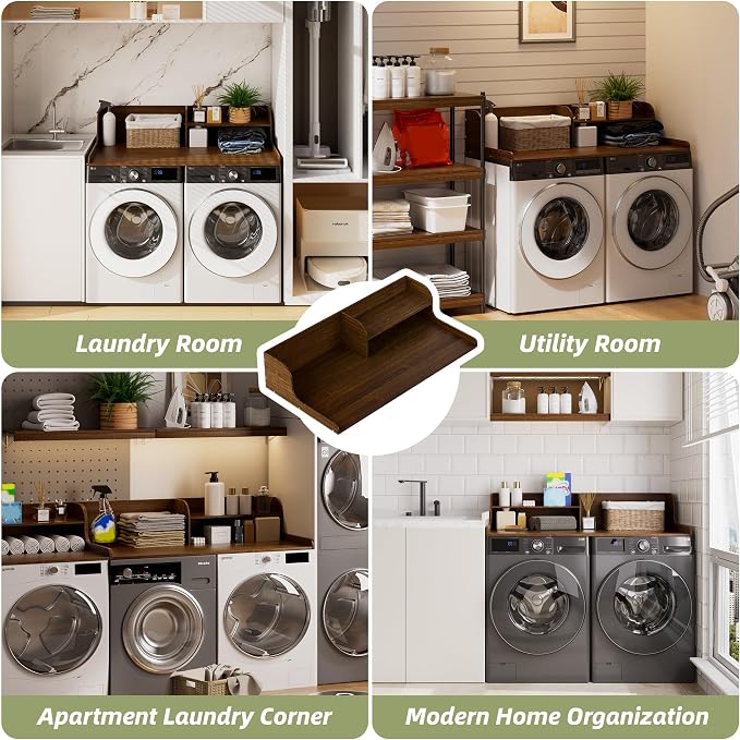 Washer Dryer Countertop with Shelf, 54" x 27.5" 2-Tier Bamboo Laundry Topper, Washer and Dryer Countertop for Laundry Room Organization with Edge Rails, Waterproof, Walnut