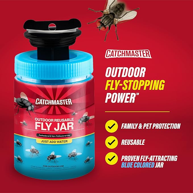 Catchmaster Fly Traps Outdoor 6-Pack with Airlock Lid for No-Mess Disposal, Pesticide-Free Hanging Fly Jars, Reusable Bug Catchers for Yard, Patio & Trash, Sets Up in Seconds