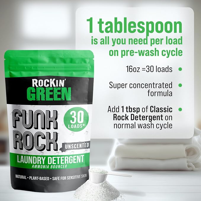 Rockin’ Green Funk Rock Ammonia Bouncer Laundry Pre-Soak, Odor Remover for Activewear, Cloth Diapers, Pet Bedding & Laundry, Unscented Powder, 30 Loads