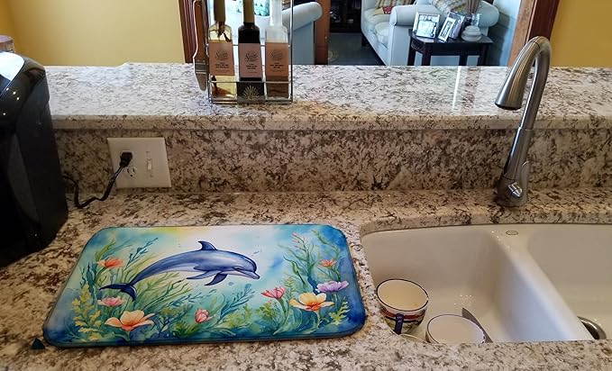Caroline's Treasures Spring Dolphin Dish Drying Mat Absorbent Dish Drying Mat Pad for Kitchen Counter Dish Drainer Mat for Countertop, 14 x 21", Multicolor