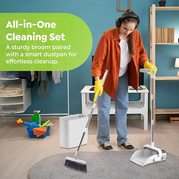 DustDockPro: Self-Emptying Broom and Dustpan Set with Built-in Trash Can – Hands-Free No-Bend Disposal, Upright Sweeper with Comb Teeth for Pet Hair, Long Adjustable Handle, Floors, Tile & Kitchen