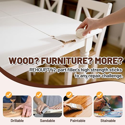 Epoxy Wood Putty Filler Kit, High Capacity Strength Wood Epoxy & Repair Kit - Stainable Paintable 32oz 2-Part Putty Filler, Woodon Filler Interior & Exterior Furniture Repair Set for Damages (White)