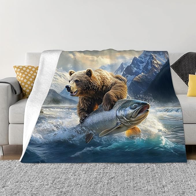 Tijuboni Bear Fish Throw Blanket Cabin Bear Gifts for Women Men Girls Boys Kids Adults Soft Flannel Fleece Blanket for Couch Sofa Bed Home Decor 50"x60"