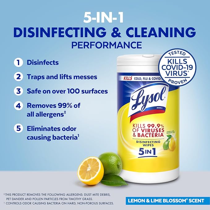 LYSOL Disinfecting Wipes, All Purpose Cleaner, Multi-Surface Antibacterial Cleaning Wipes, Household Cleaning Supplies, Dorm Essentials, Lemon & Lime Blossom Scent, 80 ct. (4 Pack)