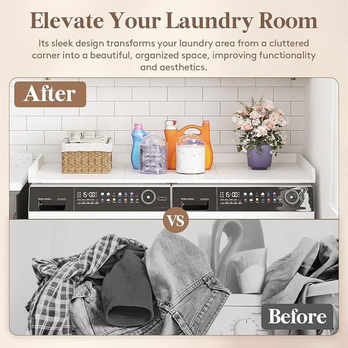 Lifewit Washer Dryer Countertop, Melamine Covers with Edge Rails for The Top, Laundry Room Storage and Organization, Spice Type, Hold 200lbs, White, 54" x 27.5"