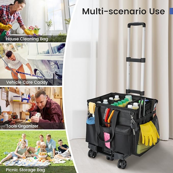 Housolution Extra Large Rolling Cleaning Caddy Bag with Detachable Trolley, Upgraded 360° Free Rotating with 5 Wheels and Dust-Proof Lid, Professional Cleaning Supplies Bag for Housekeepers, Black