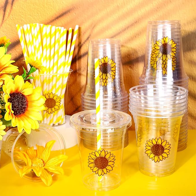 Whaline 50Pcs Sunflower Disposable Plastic Cups with Lids and Straws 12 Oz Summer Floral Cold Beverage Drinking Cups for Birthday Wedding Bridal Shower Party Supplies
