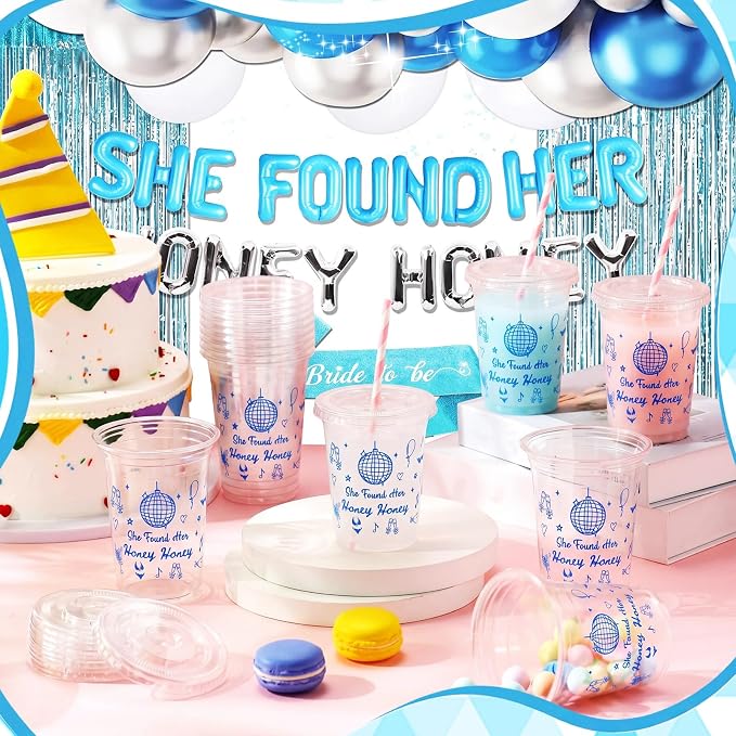 Qinyoung 50 Sets She Found Her Honey Honey Bridal Shower Decorations Disco Plastic Cups with Lid and Straws 16 oz Bachelorette Party Decorations for Engagement Wedding Guest