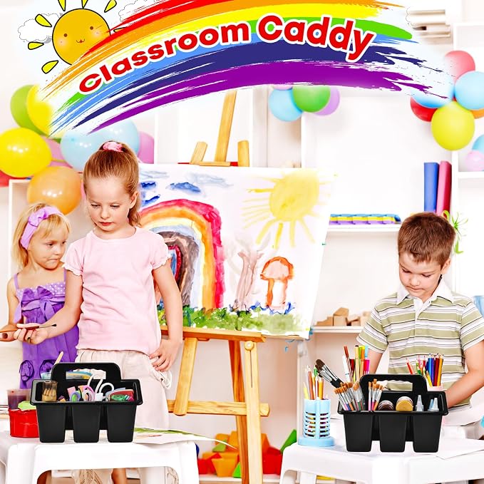 ALINK Classroom Caddy Storage Basket with Handle, 6 Pack Plastic Arts Office Crafts Caddy 4 Compartments for Kids, Pencil, Crayon, Marker, School Supplies - Black