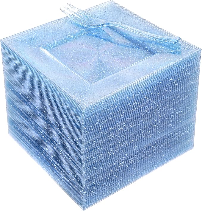 DaYammi 200 Pcs Blue Glitter Dessert Plates Including 100Pcs Appetizer Plates,100Pcs Plastic Forks, Plastic Square Plate for Party,Blue Disposable plates and Cake forks for Birthday Party Wedding