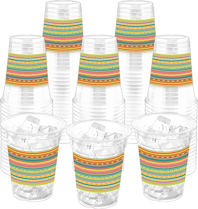 100Pcs Mexican Plastic Party Cups, 12oz Fiesta Disposable Clear Cups Margarita Cinco De Mayo Cup for Party Decorations, Mexico Taco Carnival, Birthday Party Drinking Supplies