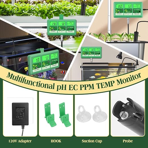 pH EC PPM Monitor for Water Hydroponic with Calibration Solution, 6 in 1 pH EC TDS Continuous Monitor with pH 4.0 7.0 & EC 1413μS/cm Calibration and Probe Cleaning Solution for Water, Pool, Aquarium
