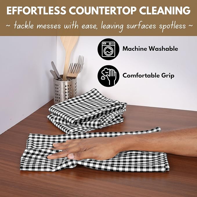 Native Fab 100% Cotton Gingham Farmhouse Kitchen Dish Towel 4 Pack 16"x26" - Absorbent Wash Cloths, Restaurant Grade Linen Towels, Tea Towels with Hanging Loop, Black White
