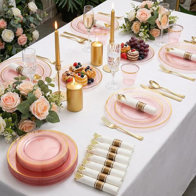WELLIFE 210Pcs Clear-Pink Plastic Dinnerware- Pink and Gold Plastic Dinnerware include 30 Dinner Plates, 30 Dessert Plates, 90 Gold Silverware, 30 Cups and 30 Napkins Perfect for Parties