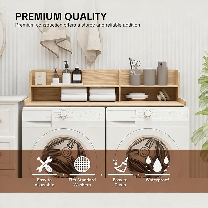 Laundry Topper For Washer And Dryer,Adjustable Washer Dryer Countertop | Natural Laundry Room Countertop 2 Tier,Shelf For Folding & Storage,Fits Standard Washers & Dryers, Laundry Room Organization