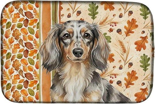 Caroline's Treasures Longhaired Dapple Dachshund Heirloom Fall Dish Drying Mat Absorbent Dish Drying Mat Pad for Kitchen Counter Dish Drainer Mat for Countertop, 14 x 21", Multicolor